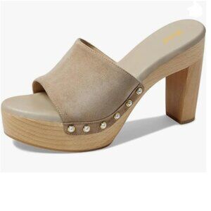 miss left Light Coffee Platform Chunky High Heel Mules Open Toe Studded Sandals